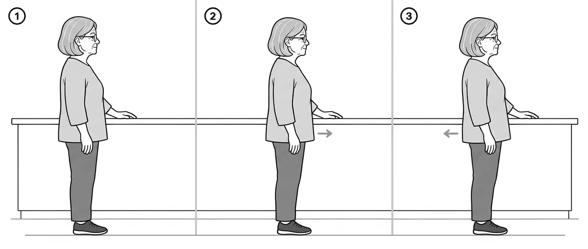 Three-panel drawing of an older woman at a kitchen counter, resting one hand on it as she shifts her weight forward and then back