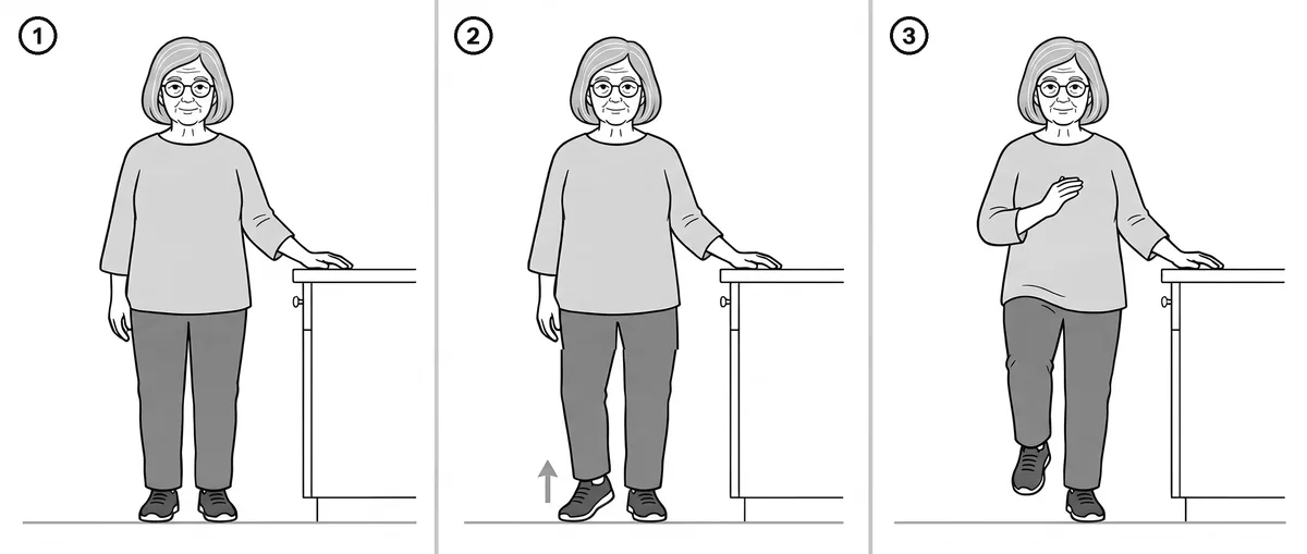 Three-panel drawing of an older woman beside a kitchen counter, one hand on the edge, lifting one knee low while the forearm on the same side rises to chest height