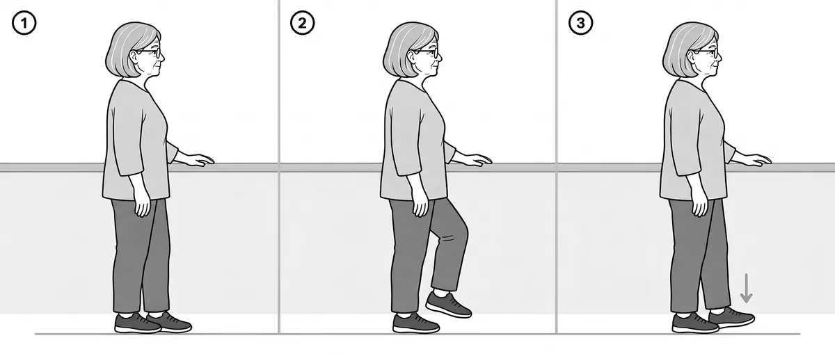 Three-panel drawing of an older woman with one hand on a kitchen counter, lifting one foot a few inches off the floor and then setting it down
