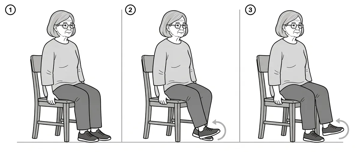 Three-step drawing of seated ankle circles with one foot lifted