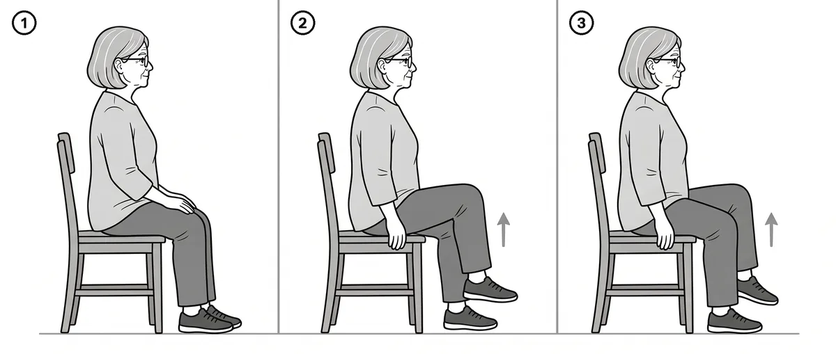 Three-step drawing of a seated march, lifting one knee at a time
