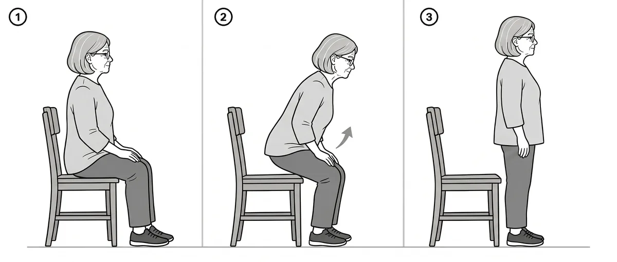 Three-step drawing of standing up slowly from a chair and sitting back down