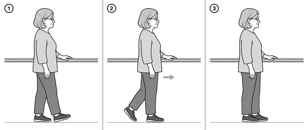 Three-step drawing of shifting weight onto the front foot while the back heel lifts, beside a counter