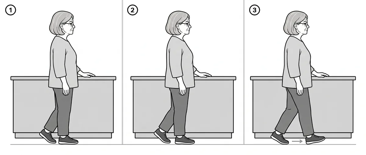 Three-step drawing of an older woman doing the full tai chi step beside a kitchen counter