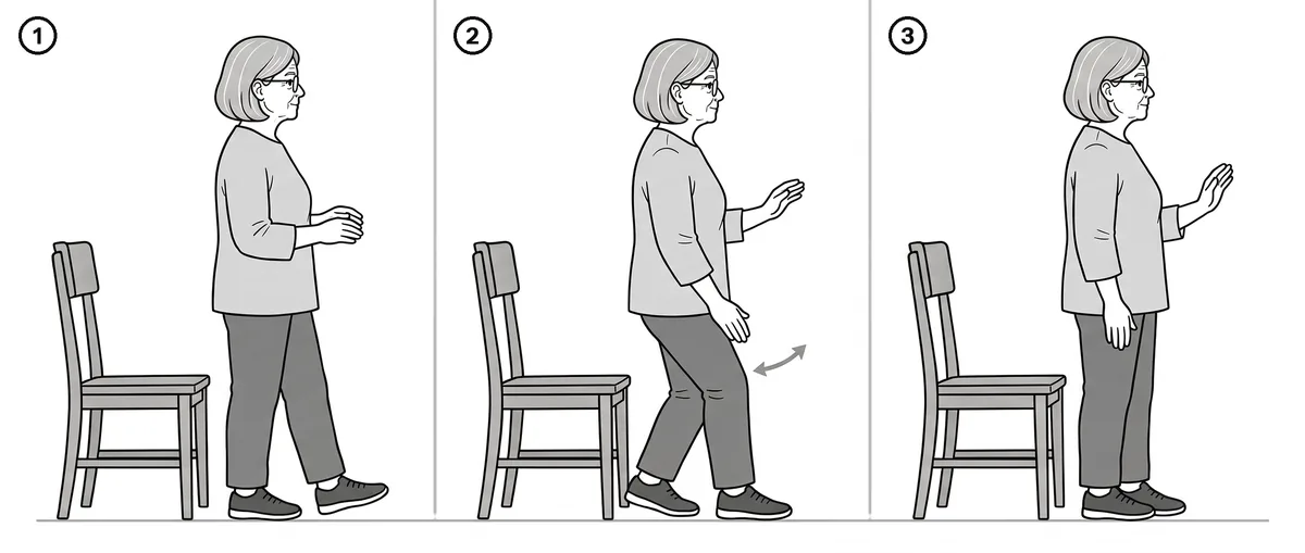 Three-step drawing of an older woman beside a chair doing the brush knee step, one hand brushing past the knee while the other pushes forward